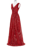 Red Sparkly V-neck Long A-line Backless Cheap Plus Size Prom Dresses PFP1053