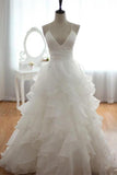 Elegant Spaghetti Straps Long V-neck White Backless Wedding Dresses PFW0283