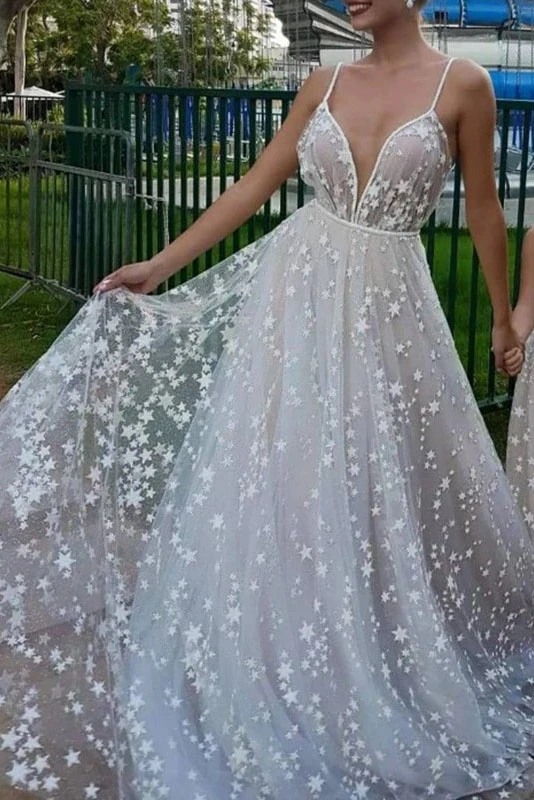 Promfast Unique Off White Star Tulle V Neck Long Prom Dress PFP1868