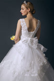 Pretty V-neck White Lace Ball Gown Wedding Dresses With Beaded Belt PFW0285