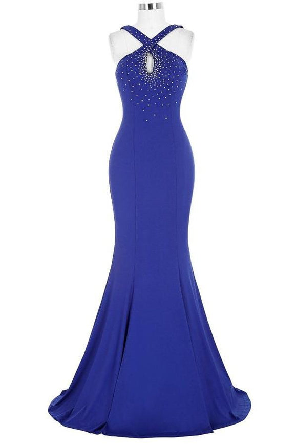 Royal Blue Open Back Long Mermaid Beaded Sexy Prom Dresses PFP1056
