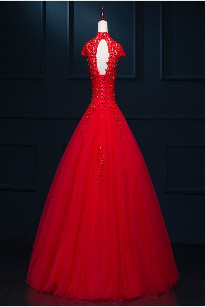 Pretty Red Modest Lace Long Puffy Short Sleeves Wedding Dresses PFW028 Promfast Pretty Red Modest Lace Long Puffy Short Sleeves Wedding Dresses PFW028 Promfast