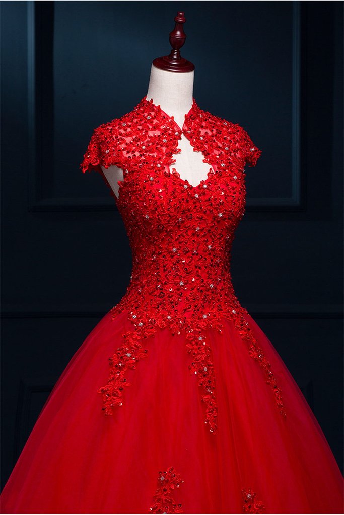 red bride dress Pretty Red Modest Lace Long Puffy Short Sleeves Wedding Dresses PFW028 – Promfast
