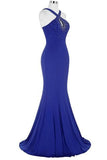 Royal Blue Open Back Long Mermaid Beaded Sexy Prom Dresses PFP1056