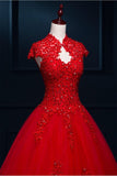 Pretty Red Modest Lace Long Puffy Short Sleeves Wedding Dresses PFW0286
