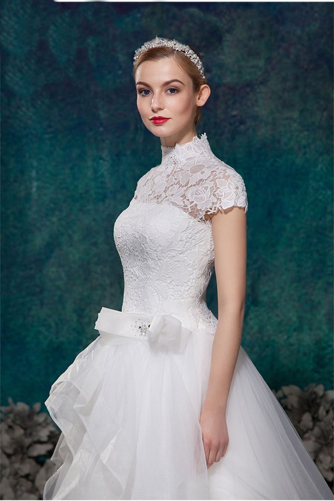 Charming High Neck Short Sleeves Lace Puffy Wedding Dresses PFW0287 –  Promfast