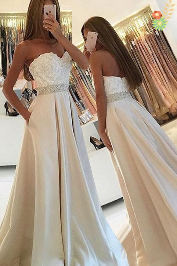 Sweetheart Backless Long Ivory Lace Satin A-line Simple Prom Dresses PFP1059