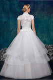 Charming High Neck Short Sleeves Lace Puffy Wedding Dresses PFW0287
