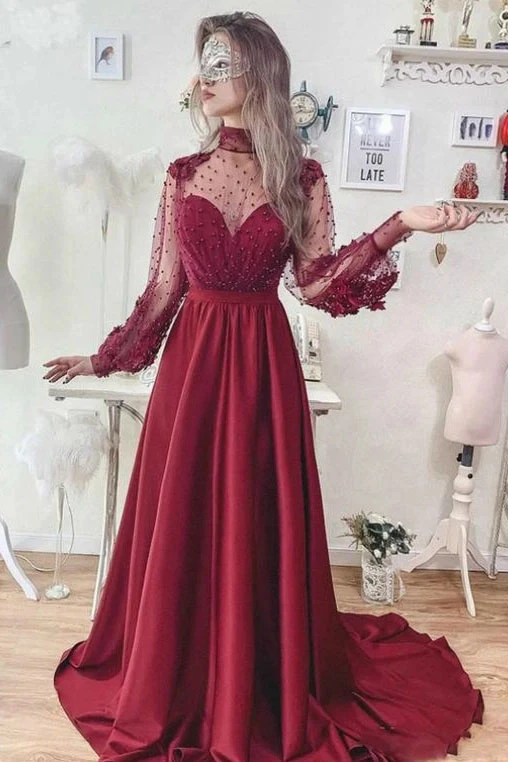 Promfast A-Line Burgundy High Neck Long Sleeve Open Back Prom Dress PF Promfast A-Line Burgundy High Neck Long Sleeve Open Back Prom Dress PF