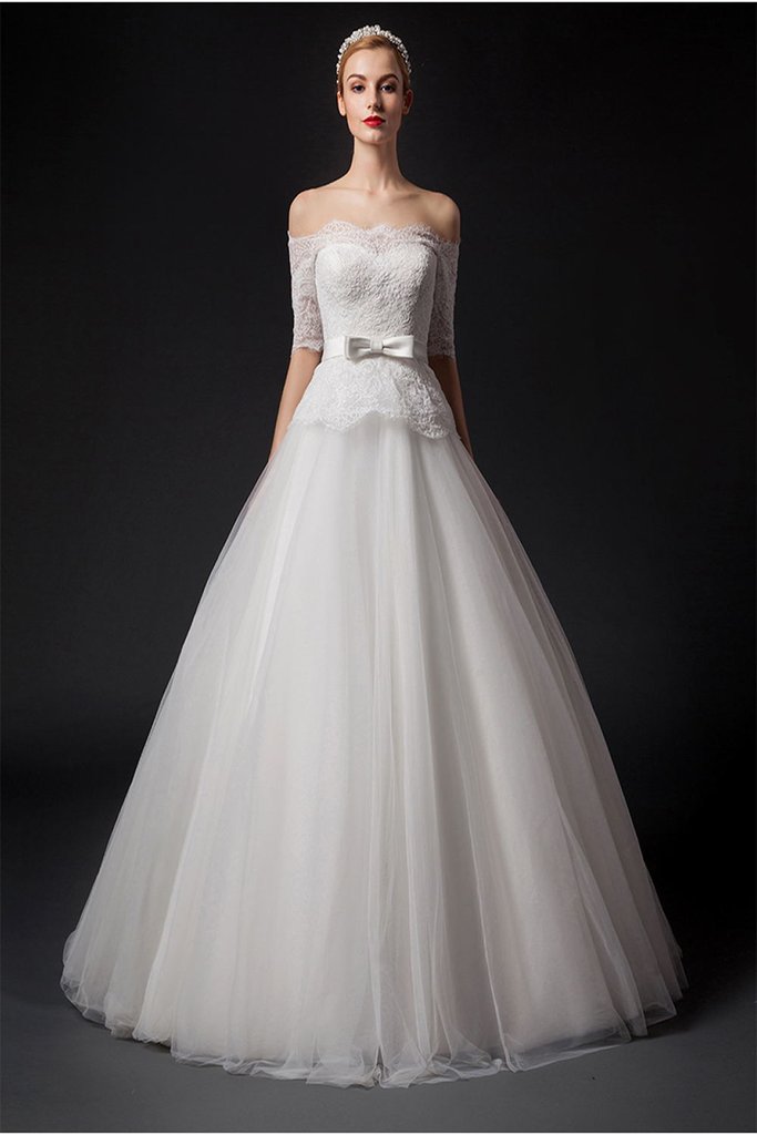Modest Elegant Big Puffy Lace Wedding Dresses With Sleeves PFW0288 –  Promfast