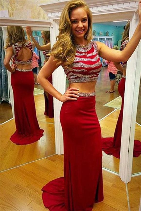 Red Beaded Two Pieces Mermaid Long Open Back Prom Dresses PFP1062