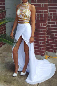 Two Pieces White Beaded Chiffon Front Split High Neckline Prom Dresses PFP1064