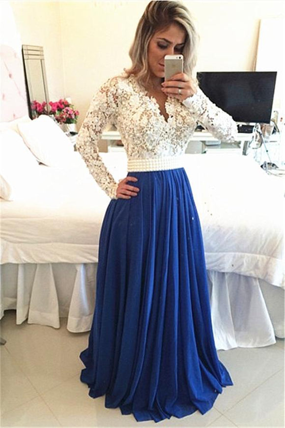 Long Sleeves Lace A-line Royal Blue Chiffon Beaded Prom Dresses PFP1065