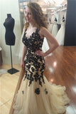 V-neck Long Mermaid Black Lace Charming Sexy Party Prom Dresses PFP1066