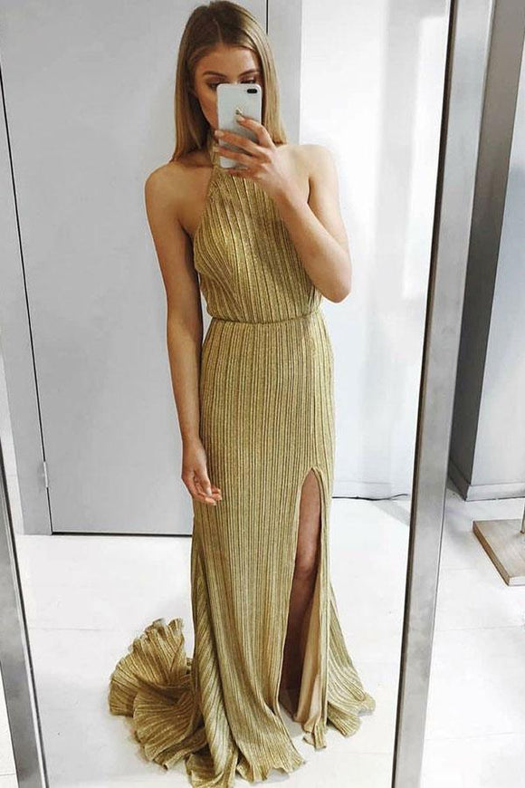 Sexy Sheath Halter Backless Sweep Train Gold Prom Party Dress with Split PFP0043