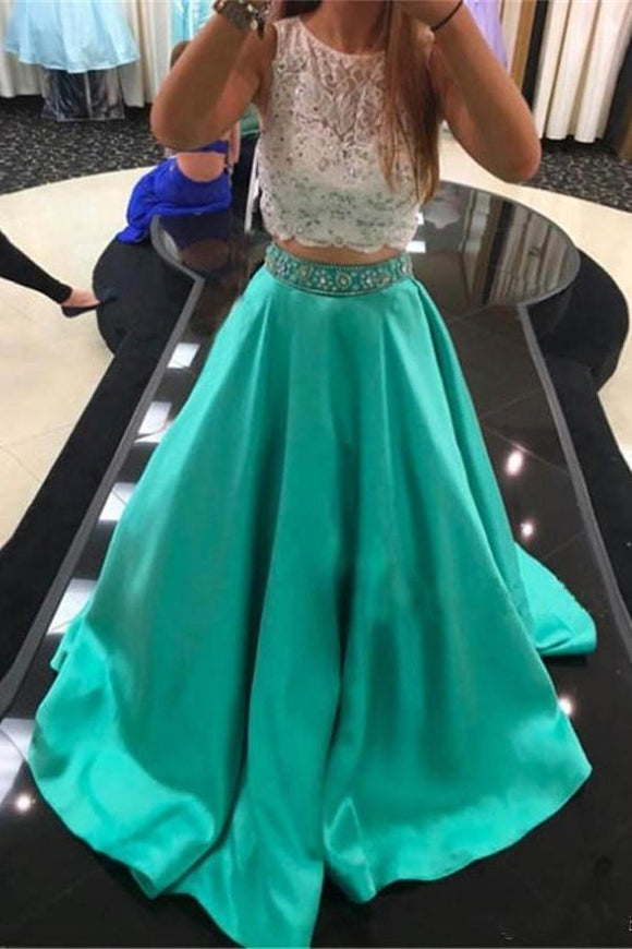 Two Pieces Lace Beading Satin Long Handmade Simple Green Prom Dresses PFP1070