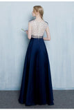 Beautiful Dark Blue Long Beading Zipper Back Prom Dresses PFP1071