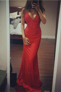 Sexy Red V-neck Simple Cheap Mermaid Long Charming Prom Dresses PFP1074