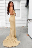 Sexy Sheath Halter Backless Sweep Train Gold Prom Party Dress with Split PFP0043