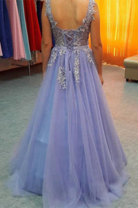 Lavender Lace Up Backless V-neck Lace Beading Tulle Prom Dresses PFP1077