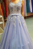 Lavender Lace Up Backless V-neck Lace Beading Tulle Prom Dresses PFP1077