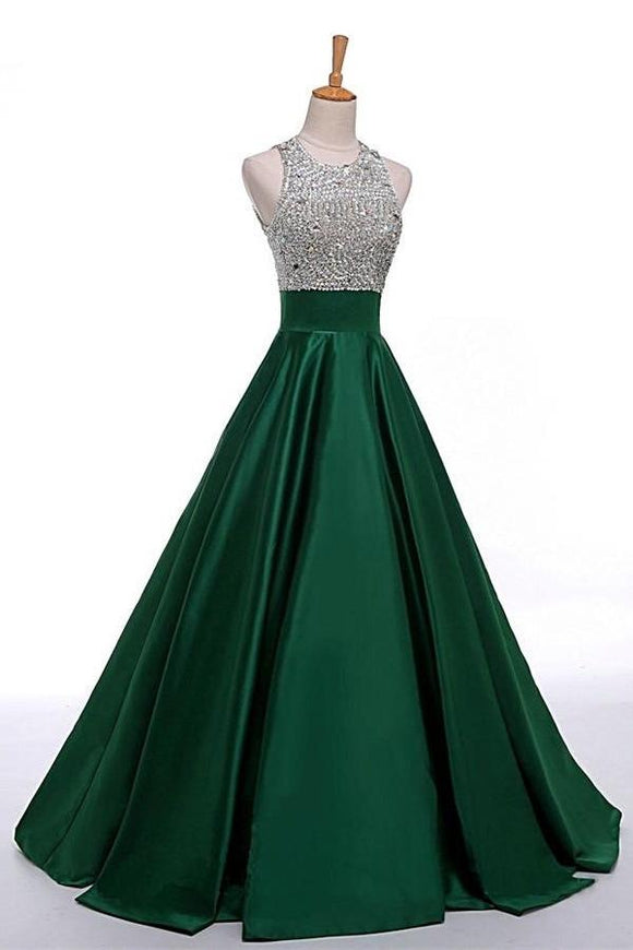 Beautiful Green Satin Beading Long Simple Cheap Handmade Prom Dresses PFP1078