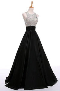 Black Open Back Beading Long A-line Satin Cheap Prom Dresses PFP1080