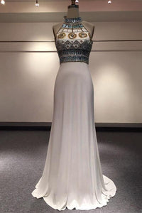 White Halter Beaded Two Pieces Long Mermaid Prom Dresses PFP1081