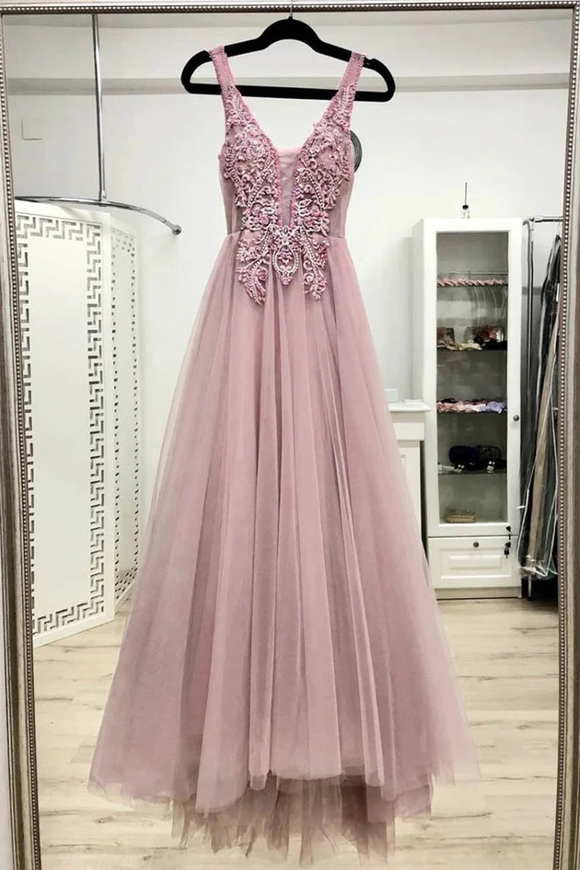 Promfast Pink V Neck Tulle Lace Appliques Long Prom Dresses Evening Dress PFP1872