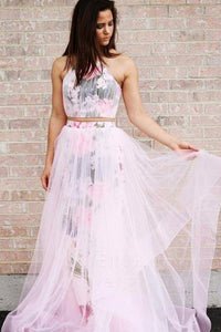 A Line Halter Sleeveless Floor Length Floral Pink Prom Dresses