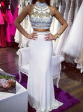 White Halter Beaded Two Pieces Long Mermaid Prom Dresses PFP1081