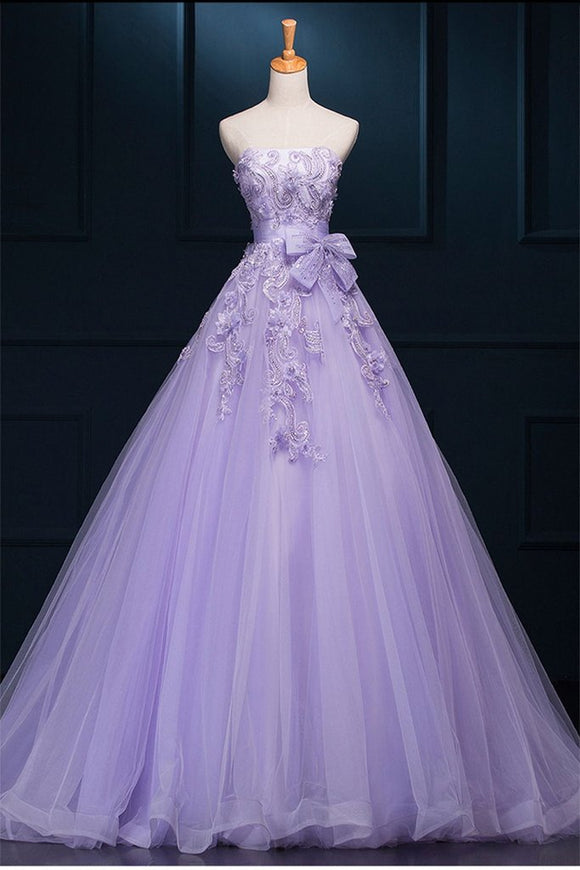 2019 Strapless Long Purple Lace Big Wedding Dress With Bow PFW0298