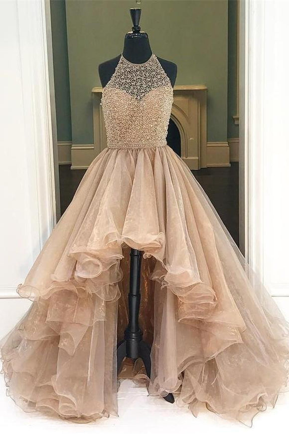 Short Front Long Back Halter Beading Open Back Prom Dresses PFP1082 Promfast Short Front Long Back Halter Beading Open Back Prom Dresses PFP1082 Promfast
