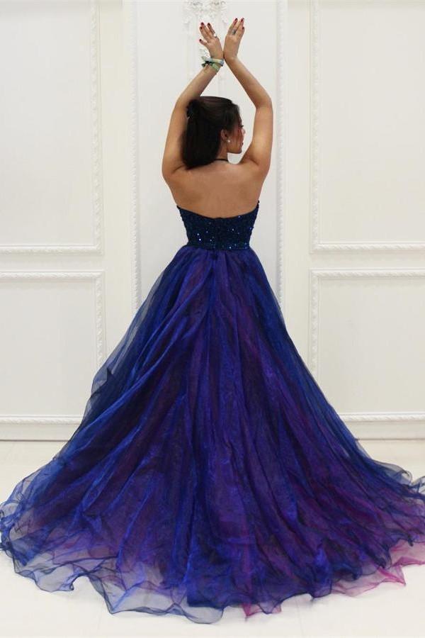 Short Front Long Back Halter Beading Open Back Prom Dresses PFP1082 –  Promfast