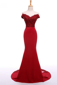 Burgundy Off Shoulder Long Mermaid Lace Beauty Prom Dresses PFP1085