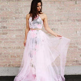 A Line Halter Sleeveless Floor Length Floral Pink Prom Dresses PFP0511