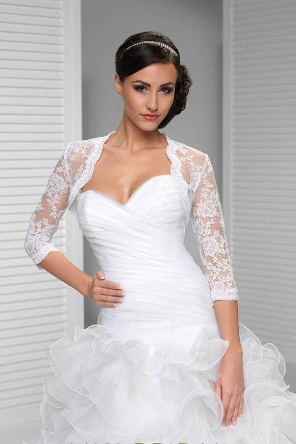 3/4 Sleeve Lace Wedding Cape White Lace Bridal Top, White Lace Wedding Jacket PFSW0010