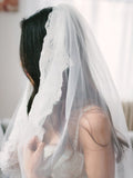 Alencon Lace Trim Long Ivory Veil for Wedding PFWV0006