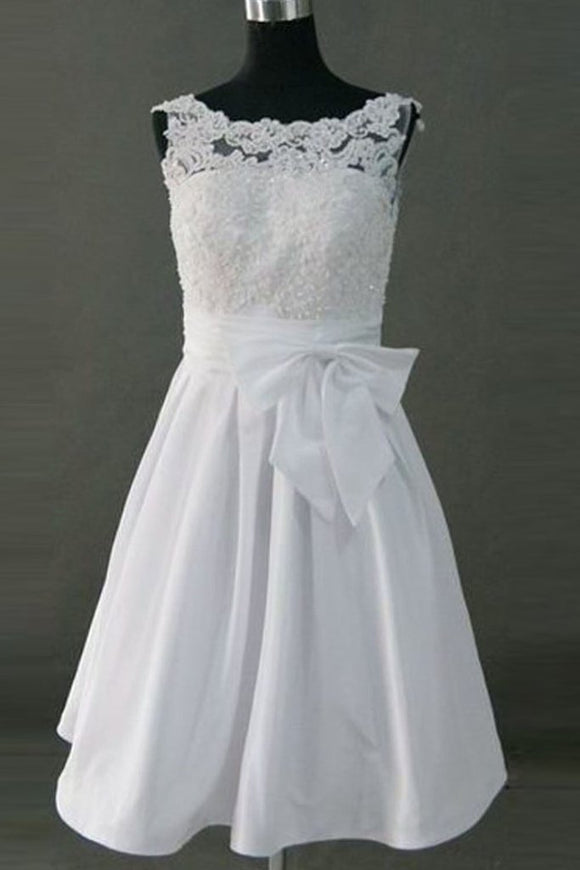Pretty Simple Cheap Short Lace Wedding Dresses With Bow Belt PFW0301