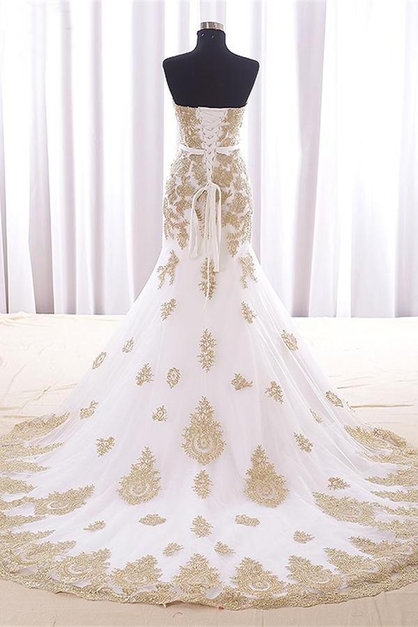 Sweep Train Mermaid Strapless White Long Prom Dresses With Gold Lace P Promfast Sweep Train Mermaid Strapless White Long Prom Dresses With Gold Lace P Promfast