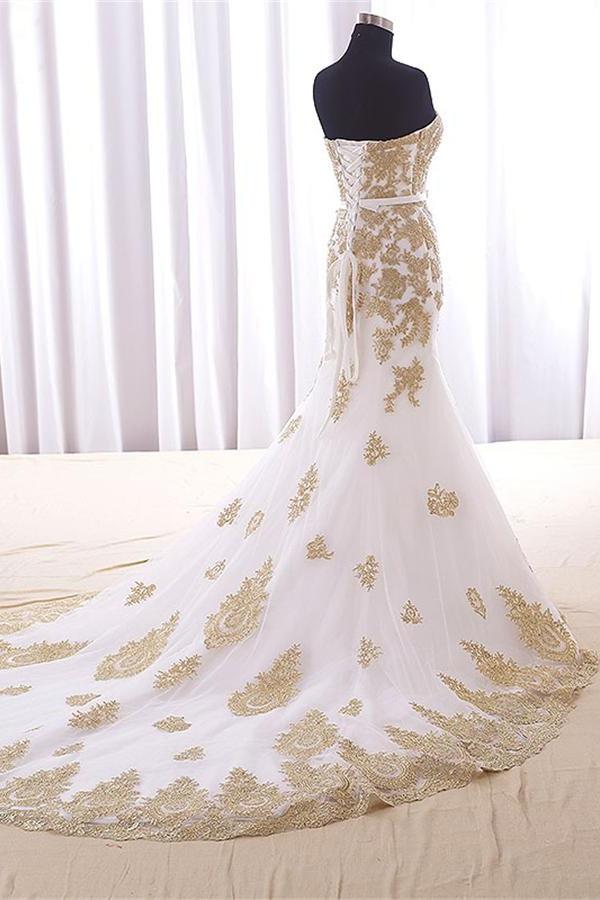 Sweep Train Mermaid Strapless White Long Prom Dresses With Gold Lace P Promfast Sweep Train Mermaid Strapless White Long Prom Dresses With Gold Lace P Promfast