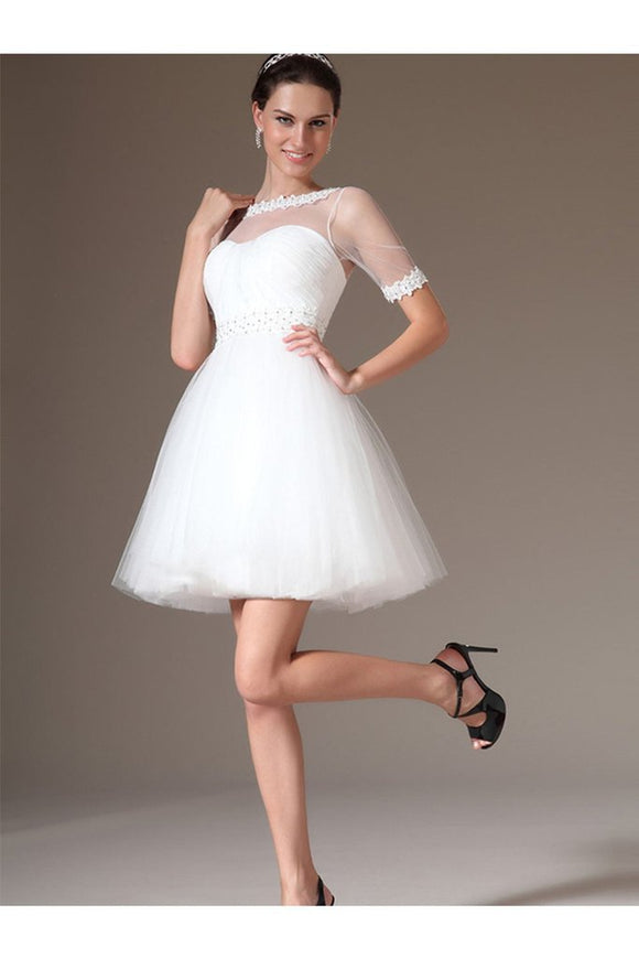 Elegant White Short Sleeves Lace Beading Beach Wedding Dresses PFW0303