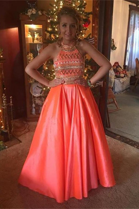homemade prom dress A-line Two Pieces Sleeveless Long Beaded Handmade Prom Dresses PFP1090 – Promfast