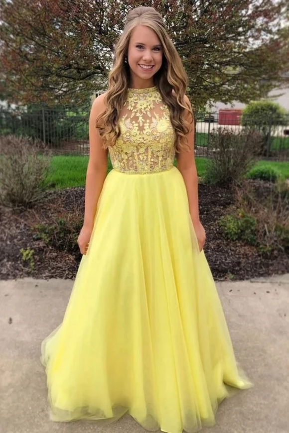 Promfast Yellow A Line Tulle Lace Top Long Sleeveless Prom Dresses Evening Dress PFP1874
