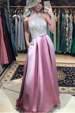 Stunning Beading Pink Halter Backless Prom Dresses With Pockets PFP0045