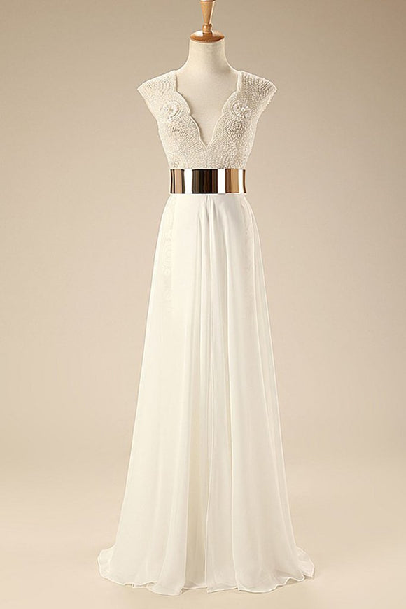 Deep V Neck Cap Sleeves White Chiffon Gold Belt Summer Beach Wedding Dress PFW0306
