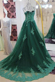 Sweetheart Lace Beading Long Green A-line Modest Prom Dresses PFP1093