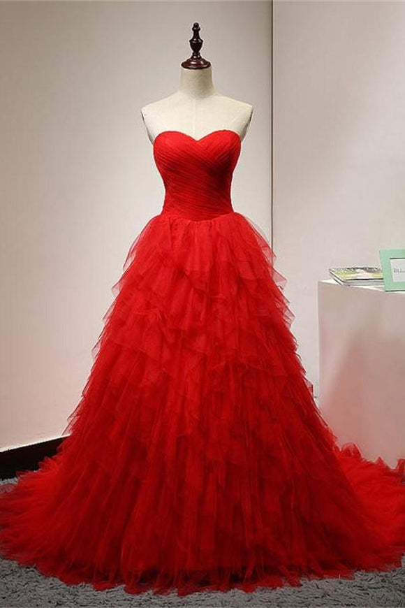 Red Sweetheart Lace Up Long Sweep Train Cheap A-line Prom Dresses PFP1094