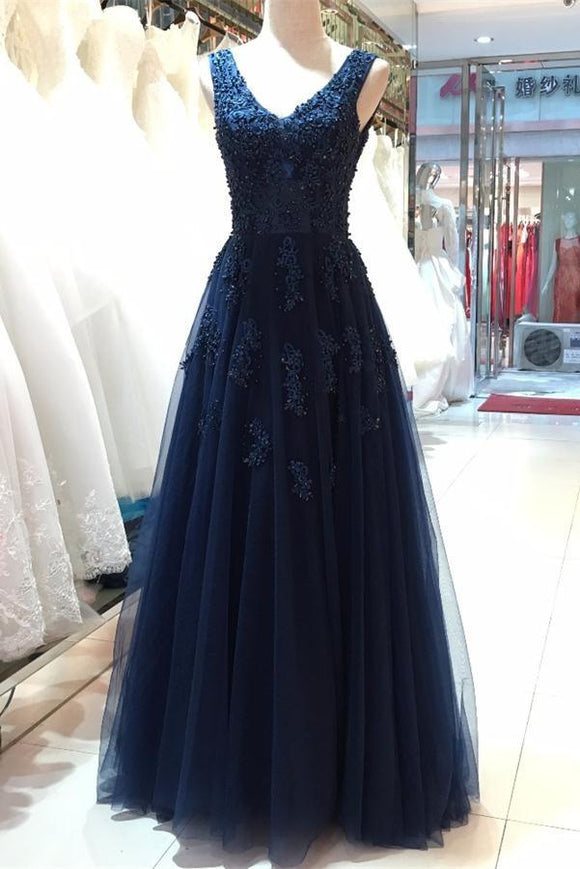 V-neck Navy Blue Lace Tulle Beading Long Backless Prom Dresses PFP1095