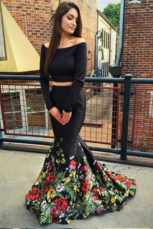 Two Piece Off the Shoulder Mermaid Long Sleeves Black Floral Printed P – Promfast Two Piece Off the Shoulder Mermaid Long Sleeves Black Floral Printed P – Promfast